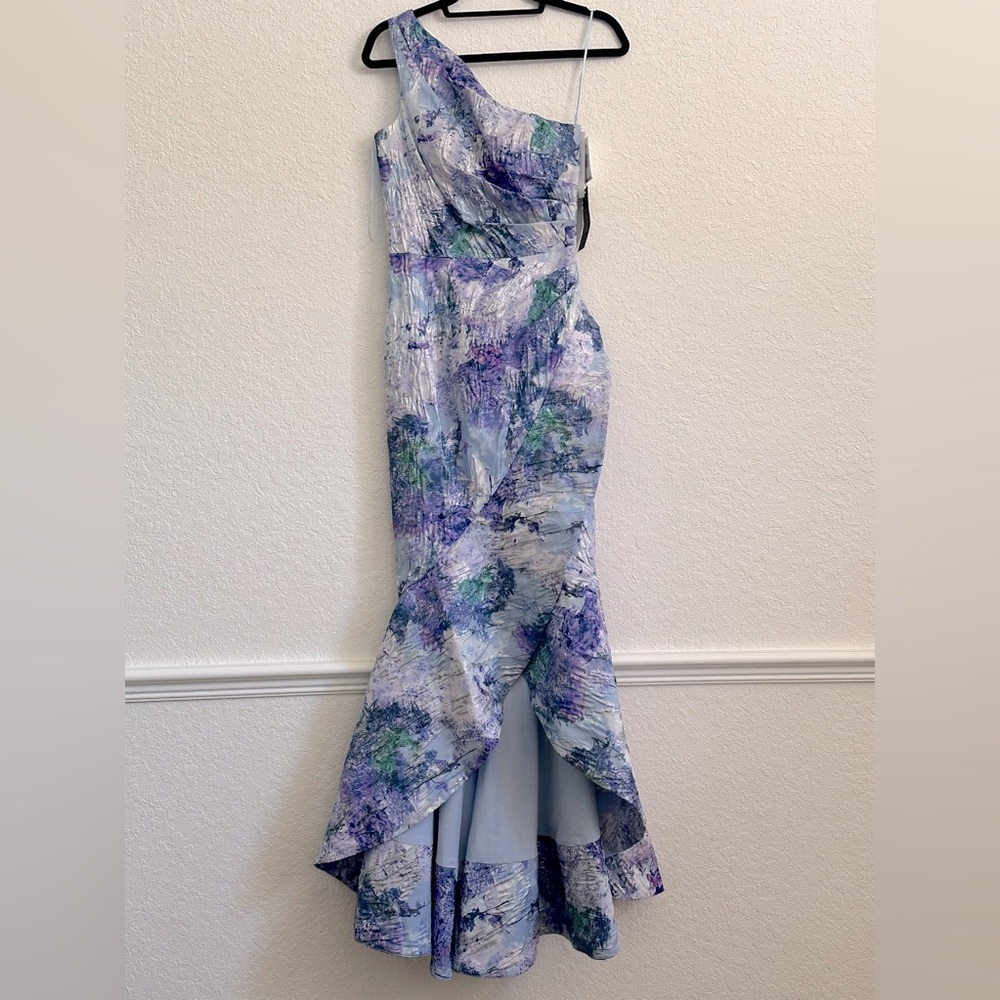 Rickie Freeman for Teri Jon lilac high low metallic jacquard gown size 2